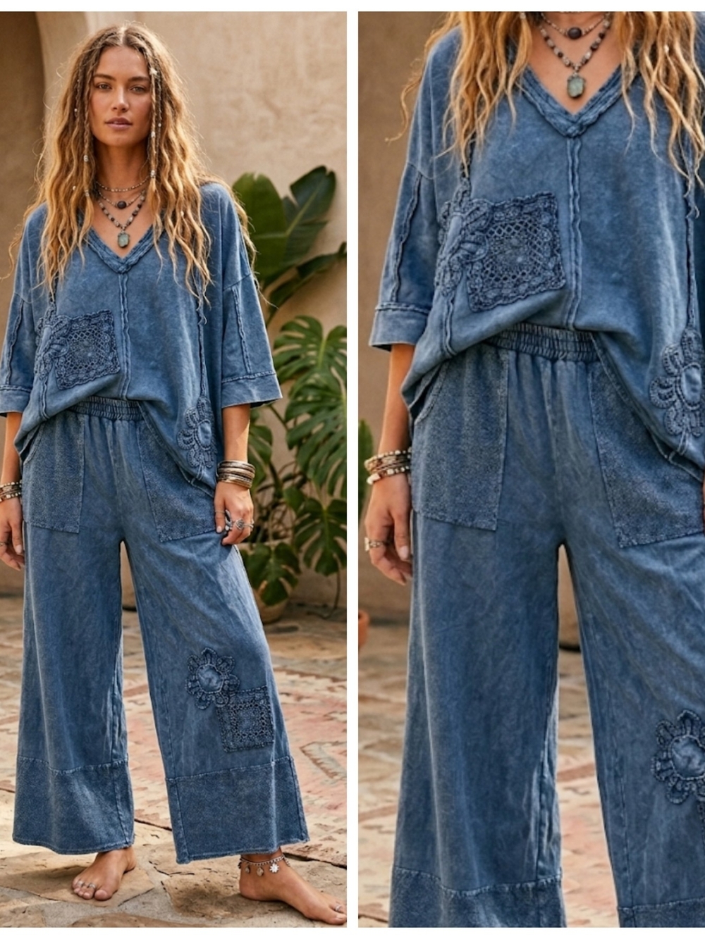 Boho Vintage Wash Crochet Patchwork Set